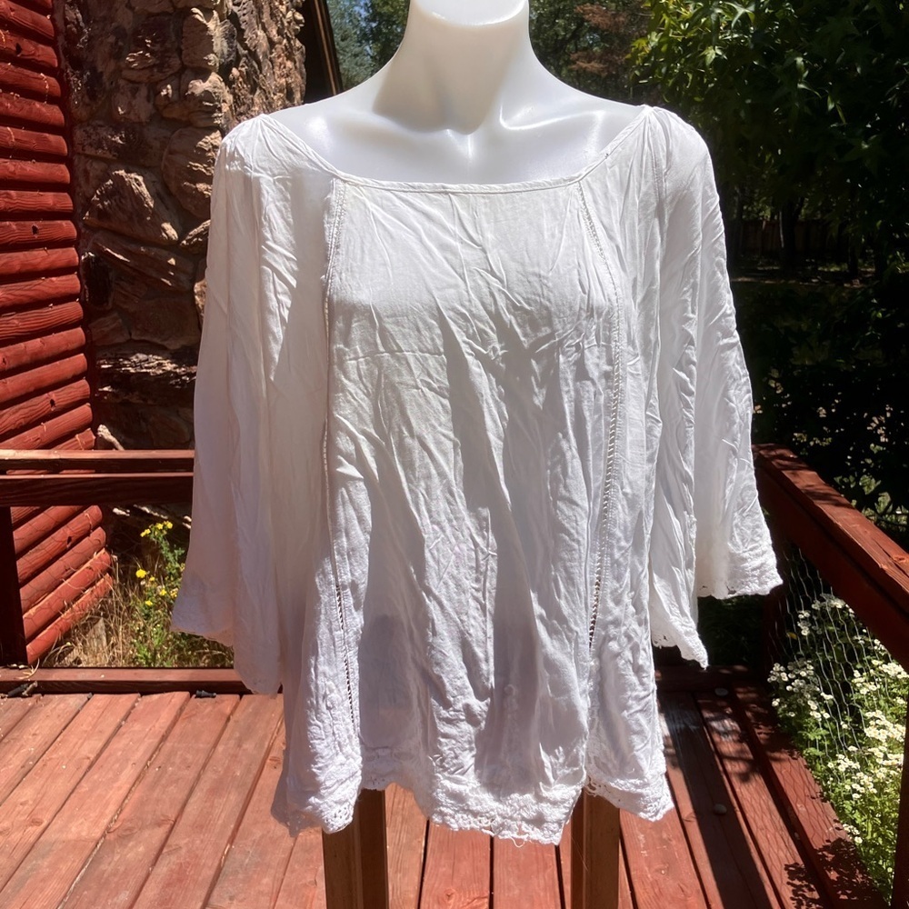 Solitaire rayon top w/ cotton crochet trim, BoHo flare sleeve & lace peek a boo